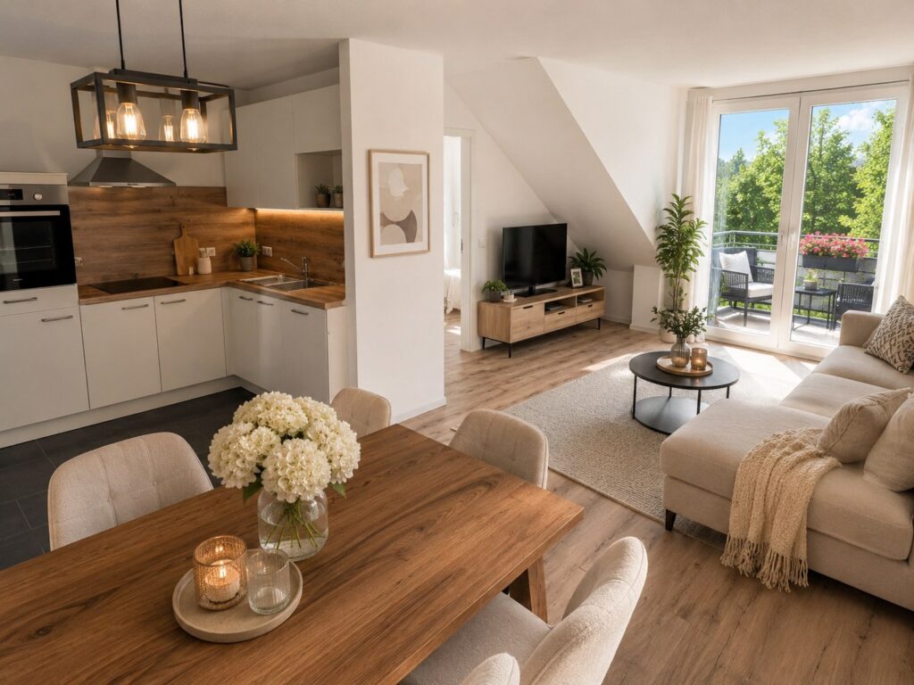 Visualisierung Küche und Wohnzimmer im Wohnpark Apen, unverbindliche Darstellung